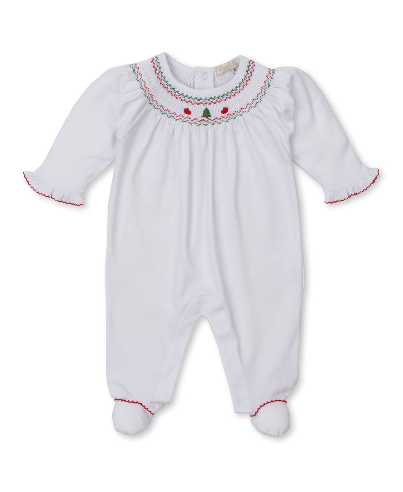 Kissy Kissy White Hand Smocked Footie in Holiday Medley with Tree