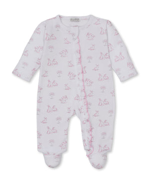 Kissy Kissy Ruffle Zip Footie in Pink Springtime Bunny Fun