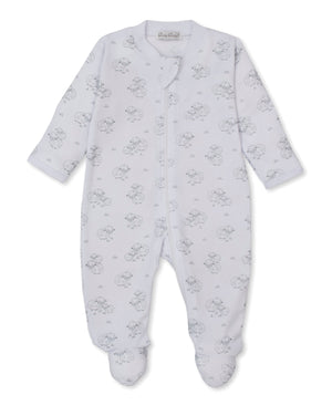 Kissy Kissy Print Zip Footie in Silver Sweet Sheep