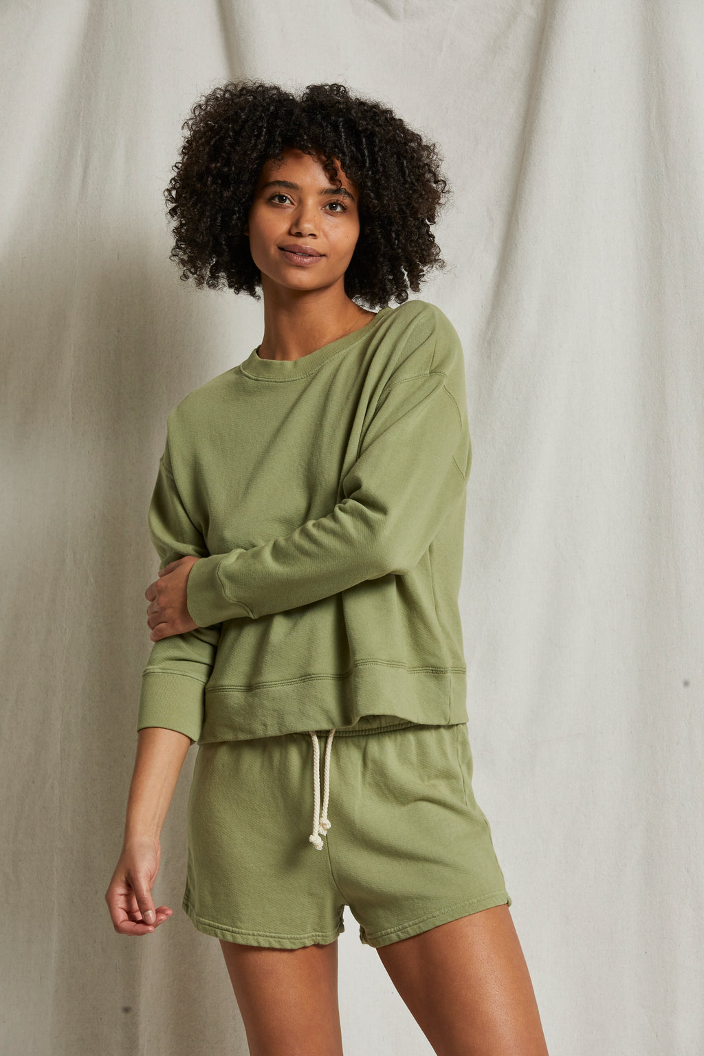 perfectwhitetee Tyler French Terry Pullover Sweatshirt in Oil Green