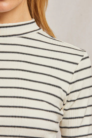 perfectwhitetee Lauryn Rib Stripe Mock Neck in Sugar/Black