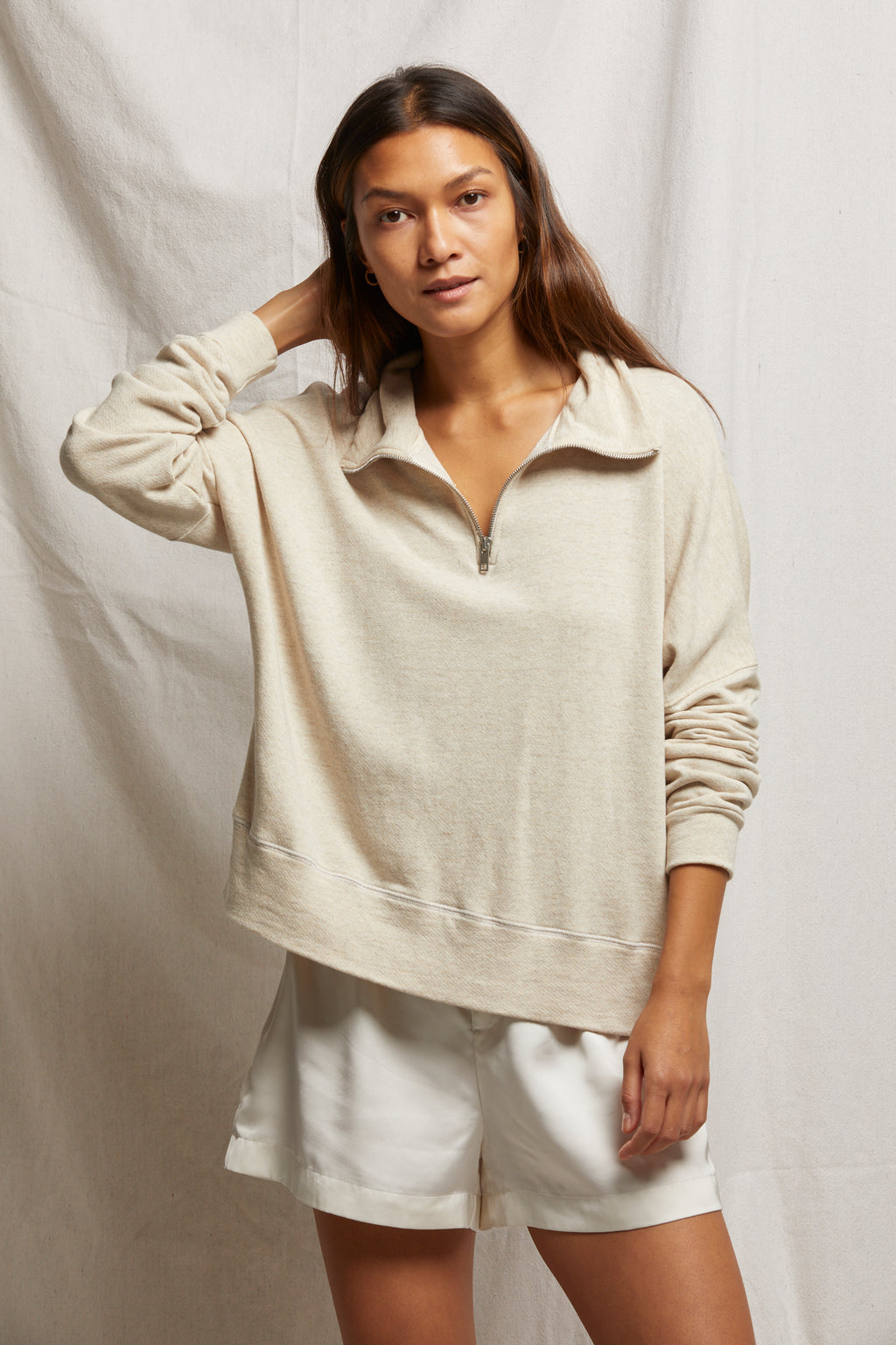 perfectwhitetee Maren French Terry Half Zip Sweatshirt in Oatmeal