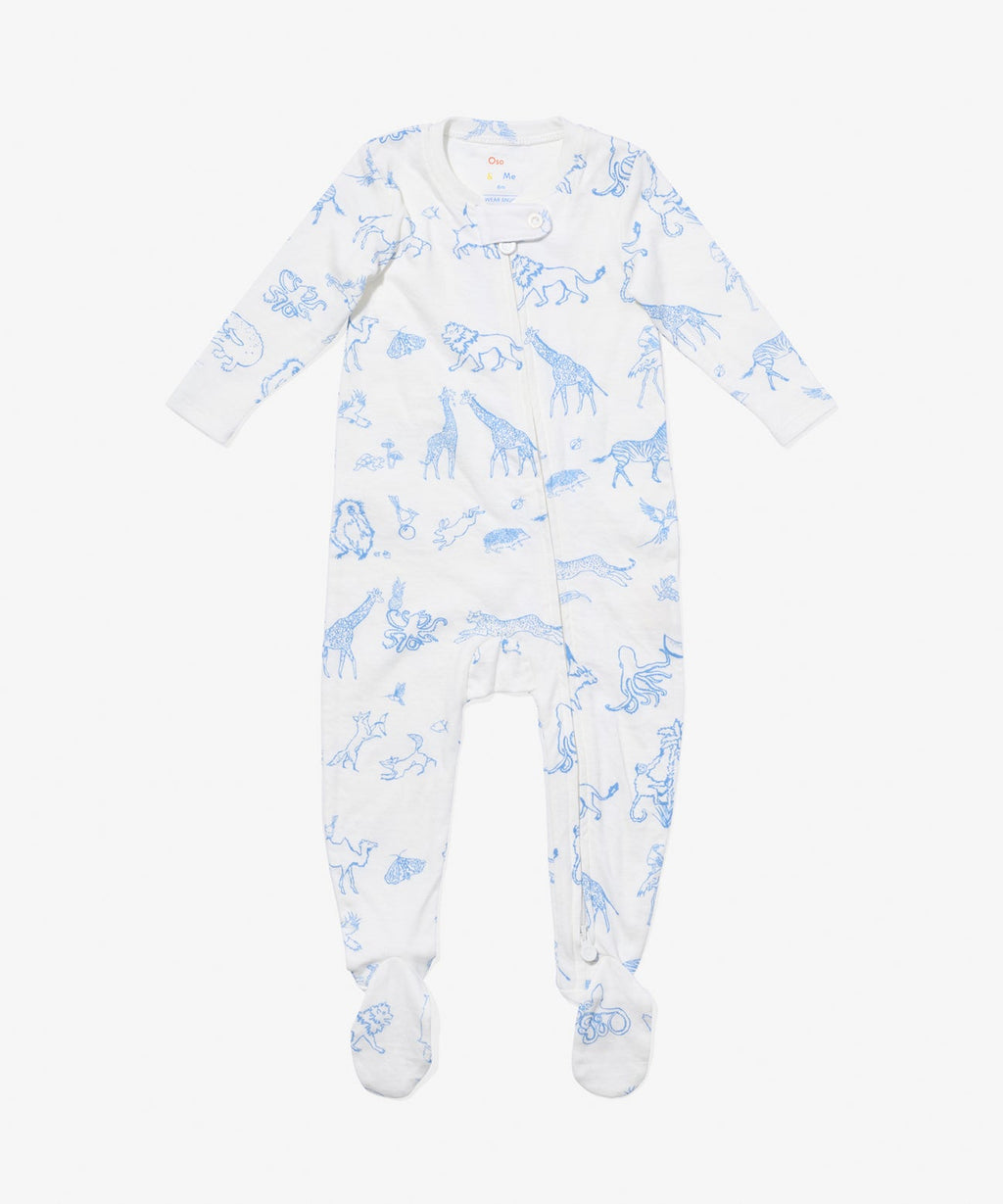 Oso & Me Marley Zip Footie in Blue Animal Parade