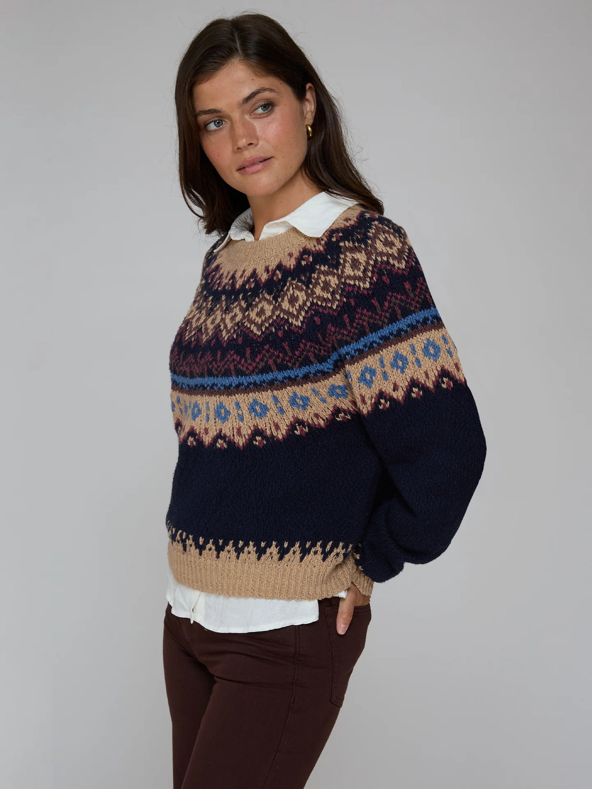 Autumn Cashmere Chunky Fair Isle Crew in Navy Combo