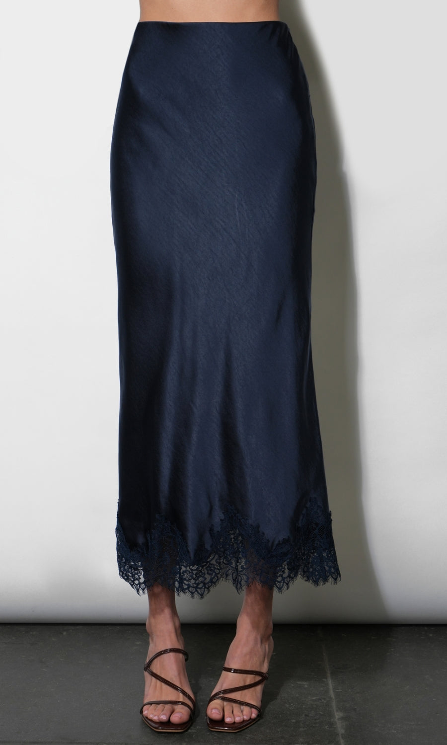 Greylin Nina Midi Lace Hem Slip Skirt in Navy