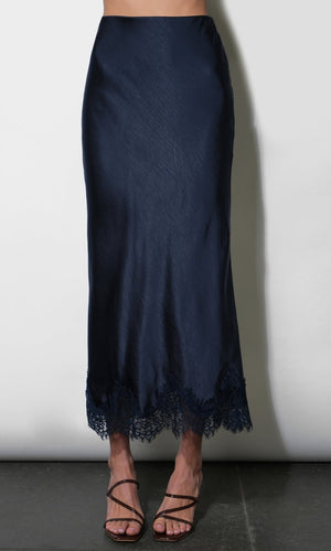 Greylin Nina Midi Lace Hem Slip Skirt in Navy