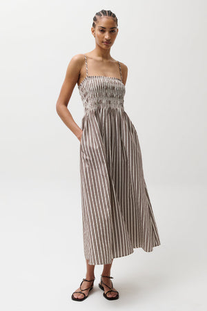 Pistola Bianca Shirred Bodice Dress in Earthen Brown Stripe