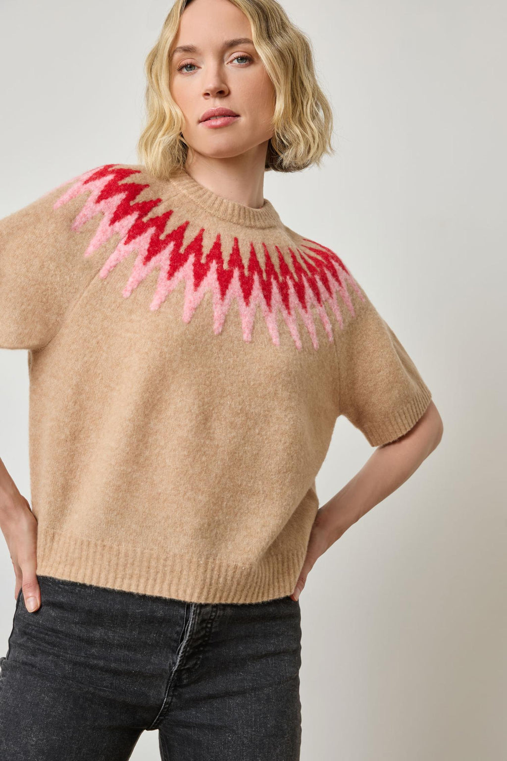 Lilla P Short Sleeve Easy Fairisle Sweater in Camel