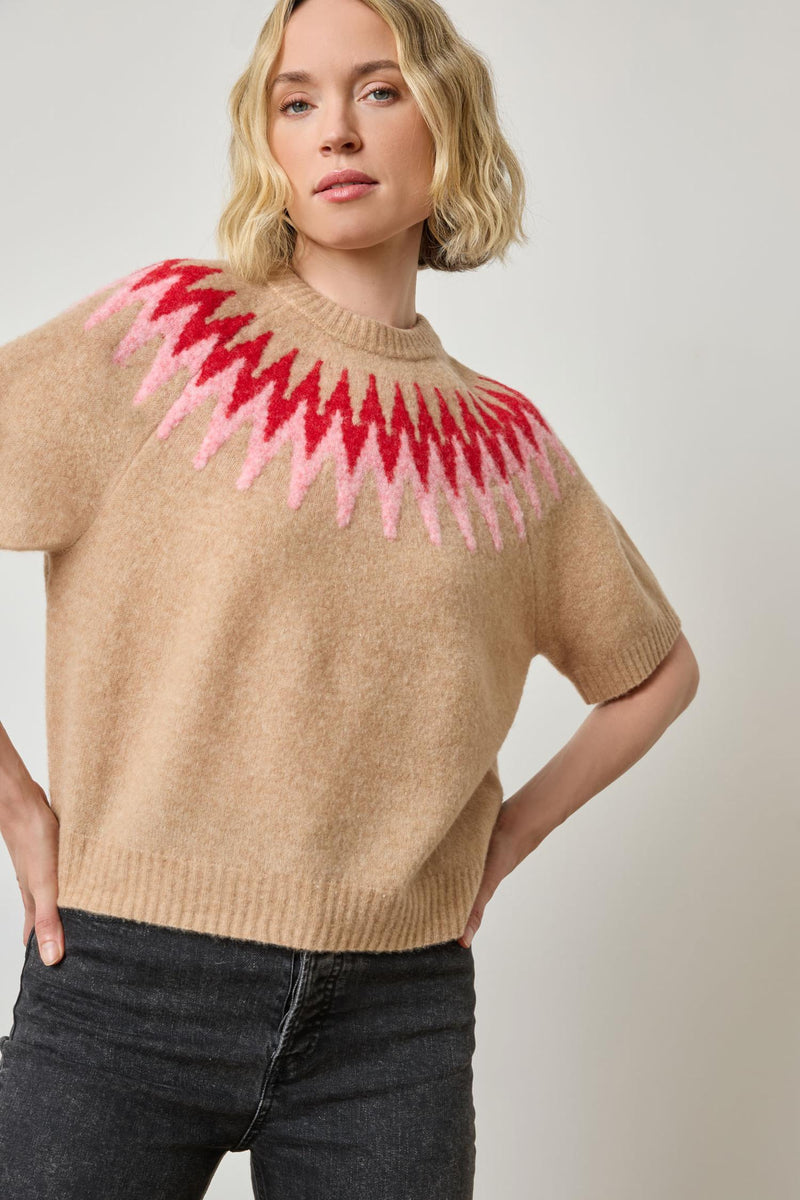Lilla P Short Sleeve Easy Fairisle Sweater in Camel