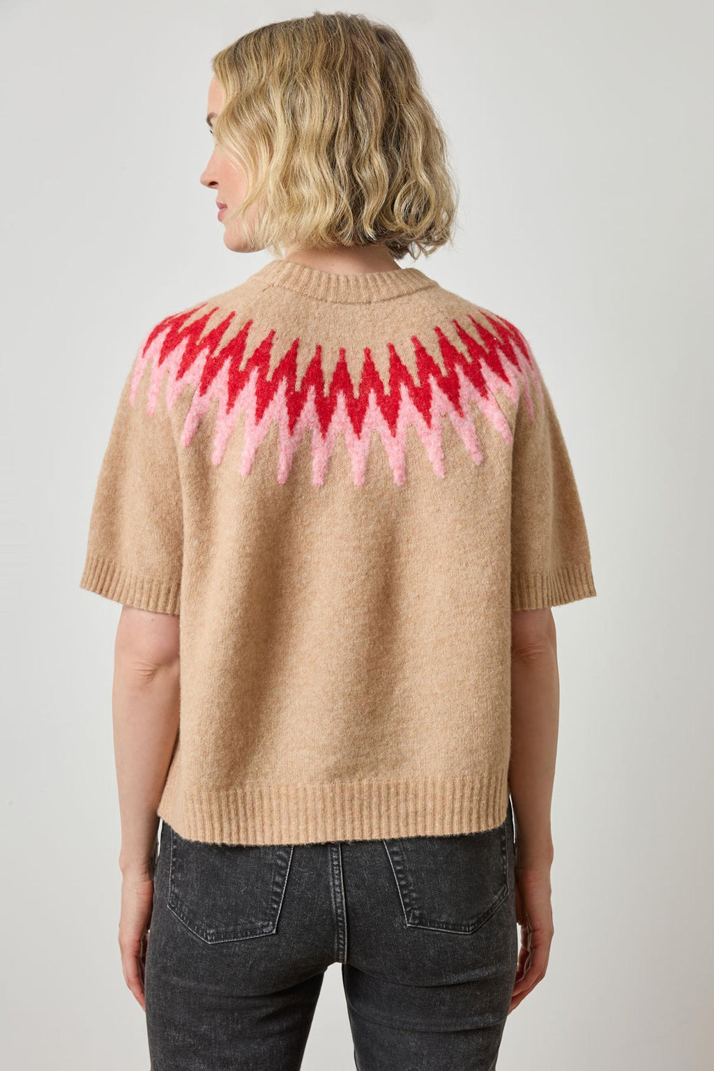 Lilla P Short Sleeve Easy Fairisle Sweater in Camel