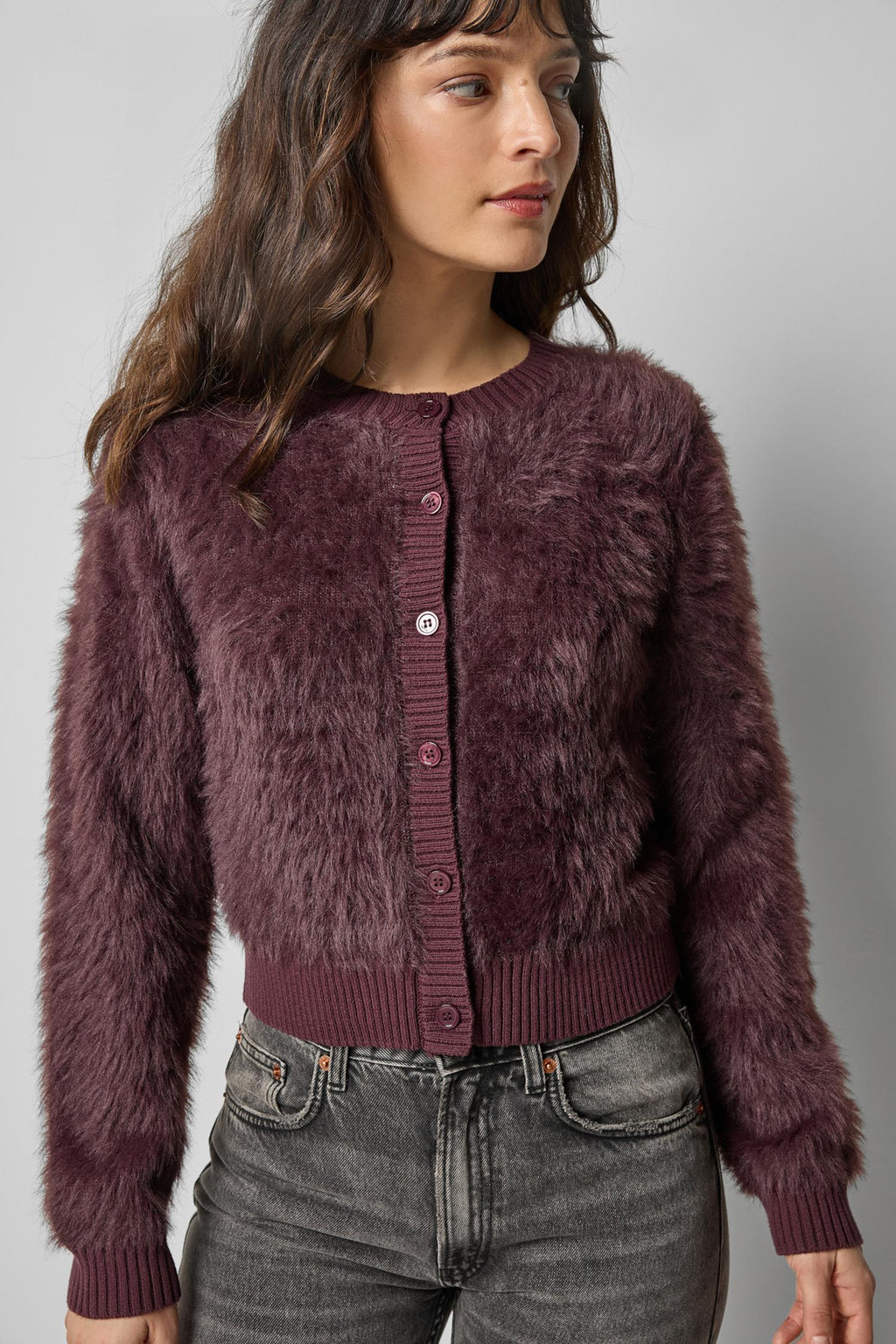 Lilla P Brushed Crewneck Cardigan in Raisin