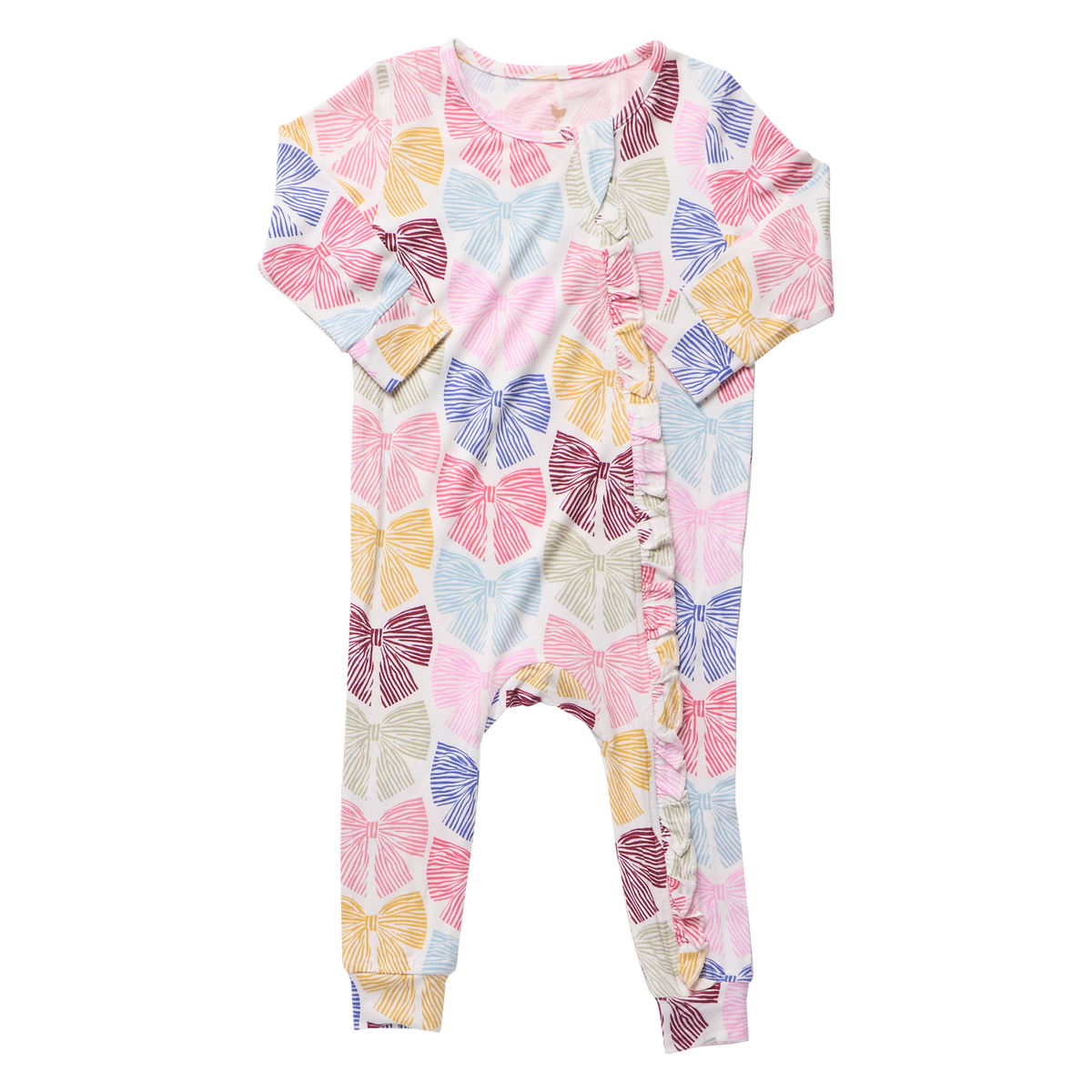 Pink Chicken Bamboo Ruffle Romper in Bright Multi Bows