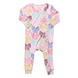 Pink Chicken Bamboo Ruffle Romper in Bright Multi Bows