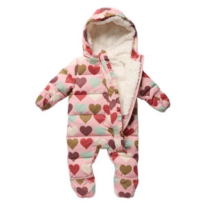 Pink Chicken Baby Girls Ruffle Snowsuit in Harvest Hearts