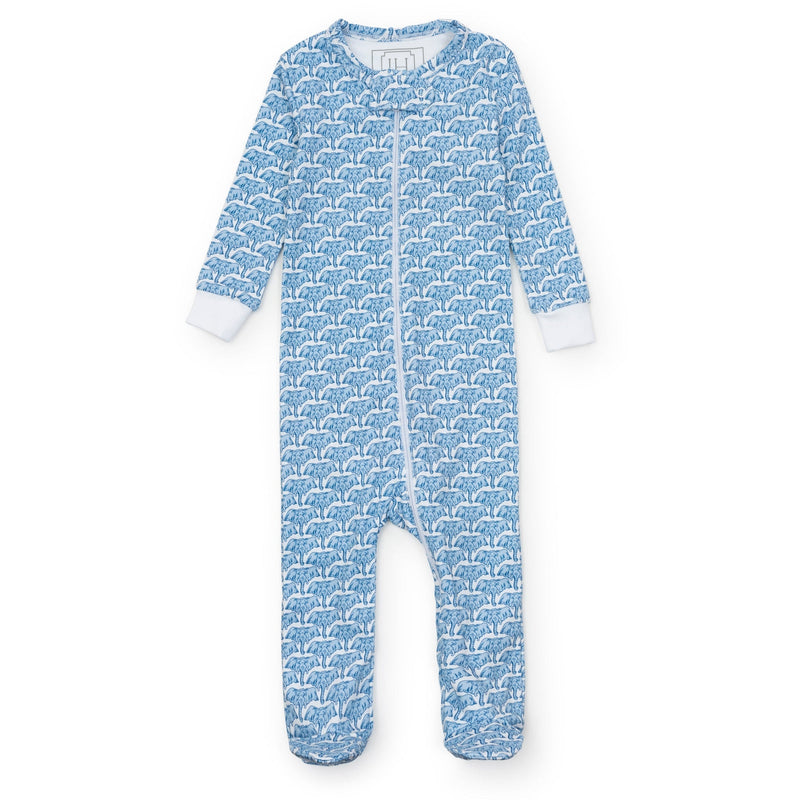 Lila + Hayes Parker Zip Footie in Blue African Elephants