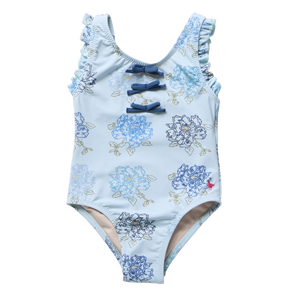 Pink Chicken Sylvie Bow Swimsuit in Blue Quilt Floral