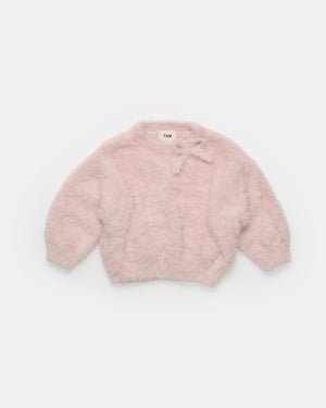 7AM Enfant Boxy Fuzzy Sweater with Bow in Powder Pink