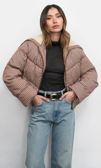 Greylin Sally Gingham Puffer with Shearling Collar in Multi Gingham
