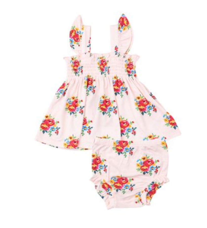 Angel Dear Ruffle Strap Smock Top and Diaper Cover Set in Pretty Bouquets