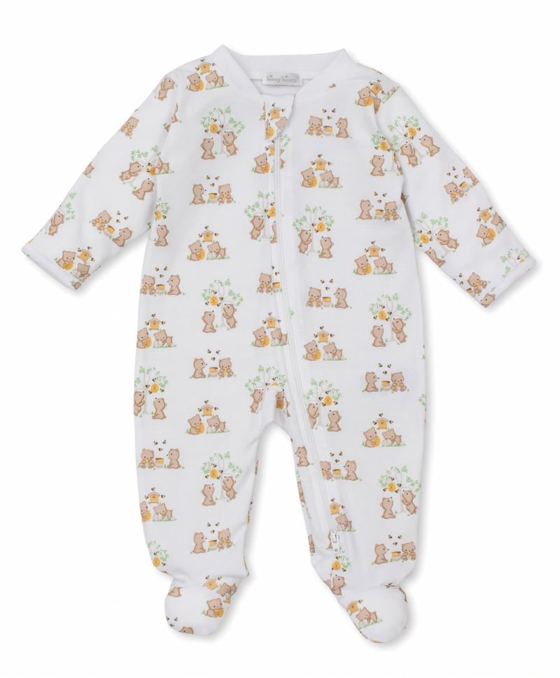 Kissy Kissy Zip Footie in Honey Bear Club Print