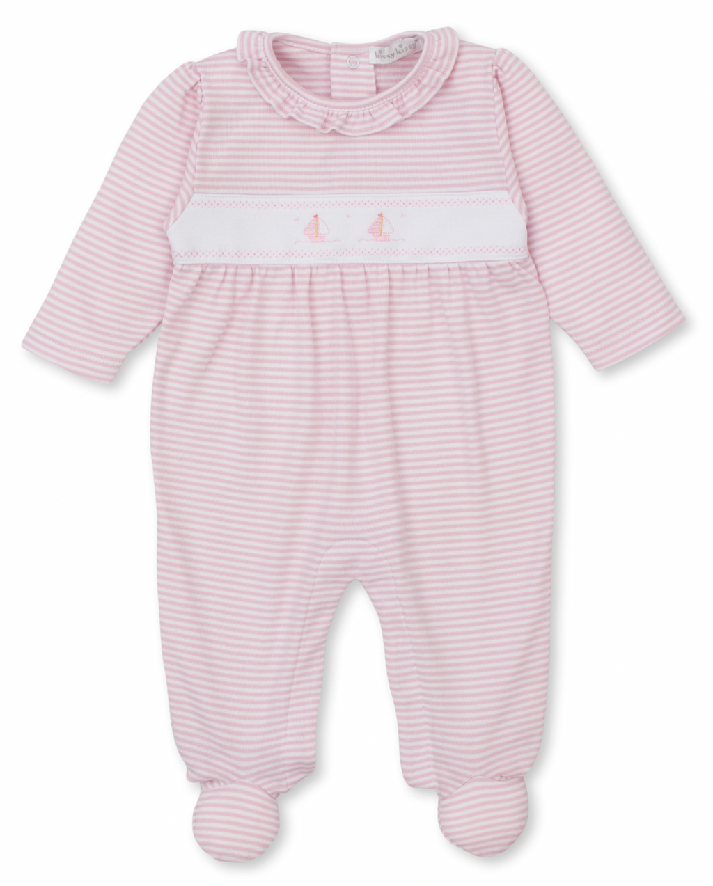 Kissy Kissy Striped Ruffle Footie in Pink Saturday Regatta