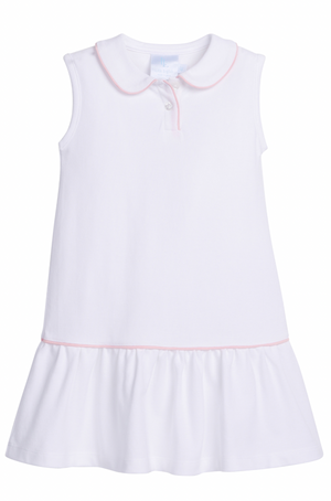 Little English Sleeveless Polo Dress in White with Pink Trim