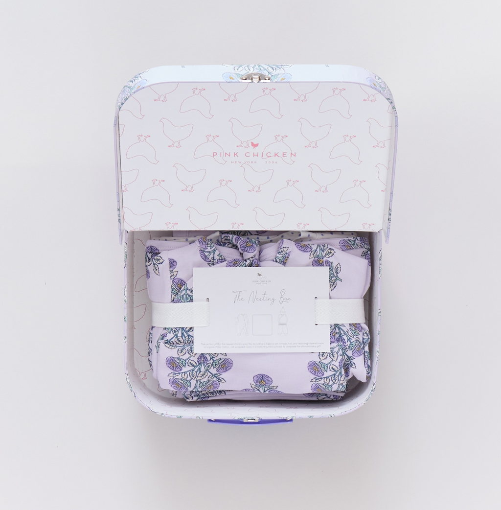 Pink Chicken Nesting Box Baby Take Home Set in Lavender Bouquet Floral