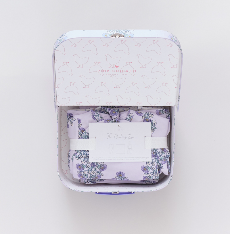 Pink Chicken Nesting Box Baby Take Home Set in Lavender Bouquet Floral