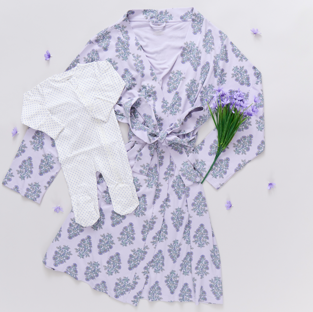 Pink Chicken Womens Organic Robe in Lavender Floral Block Print