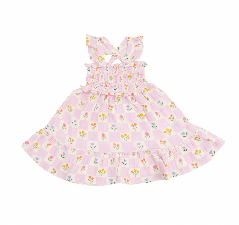 Angel Dear Smocked Ruffle Sundress in Floral Check