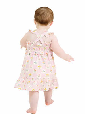 Angel Dear Smocked Ruffle Sundress in Floral Check
