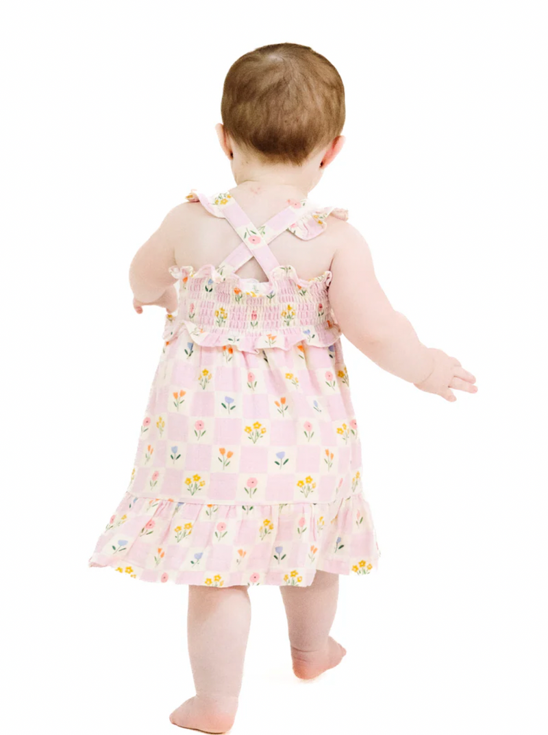 Angel Dear Smocked Ruffle Sundress in Floral Check