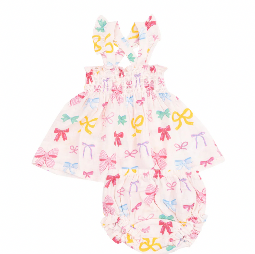 Angel Dear Ruffle Strap Smocked Top And Diaper Cover in Colorful Bows