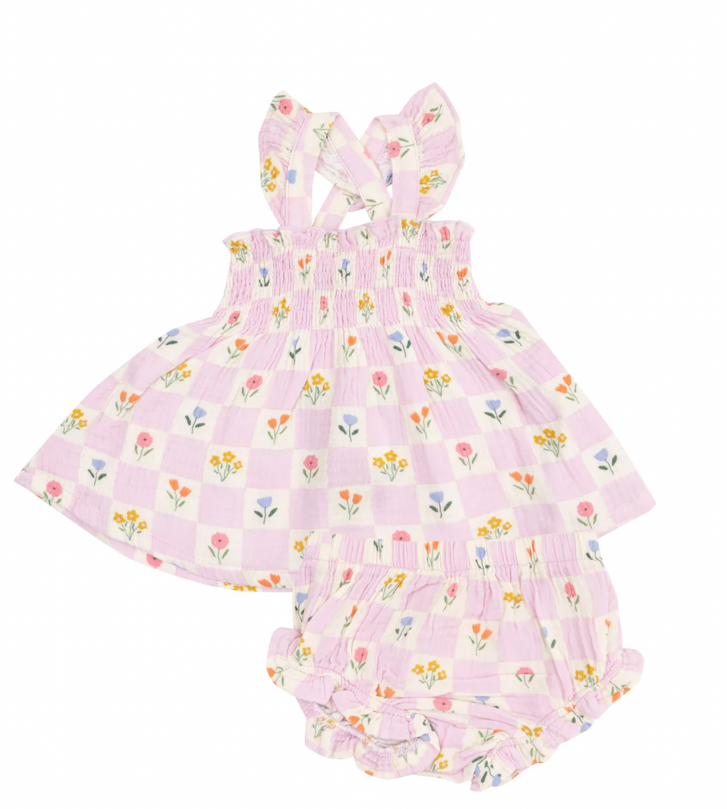 Angel Dear Ruffle Strap Smocked Top And Diaper Cover in Floral Check