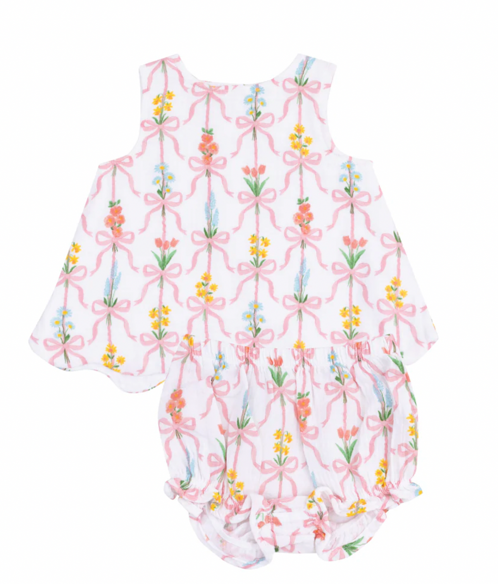Angel Dear Scallop Open Back Top W/ Bloomer in Ribbon Bouquets