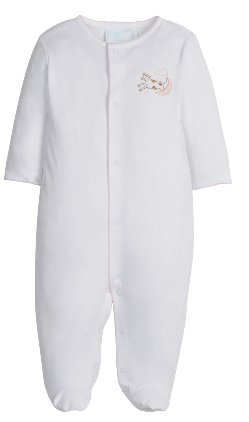 Little English Embroidered Zip Footie in Pink Cow Jumping Over the Moon