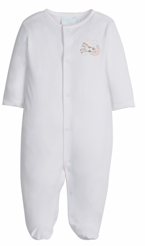Little English Embroidered Zip Footie in Pink Cow Jumping Over the Moon