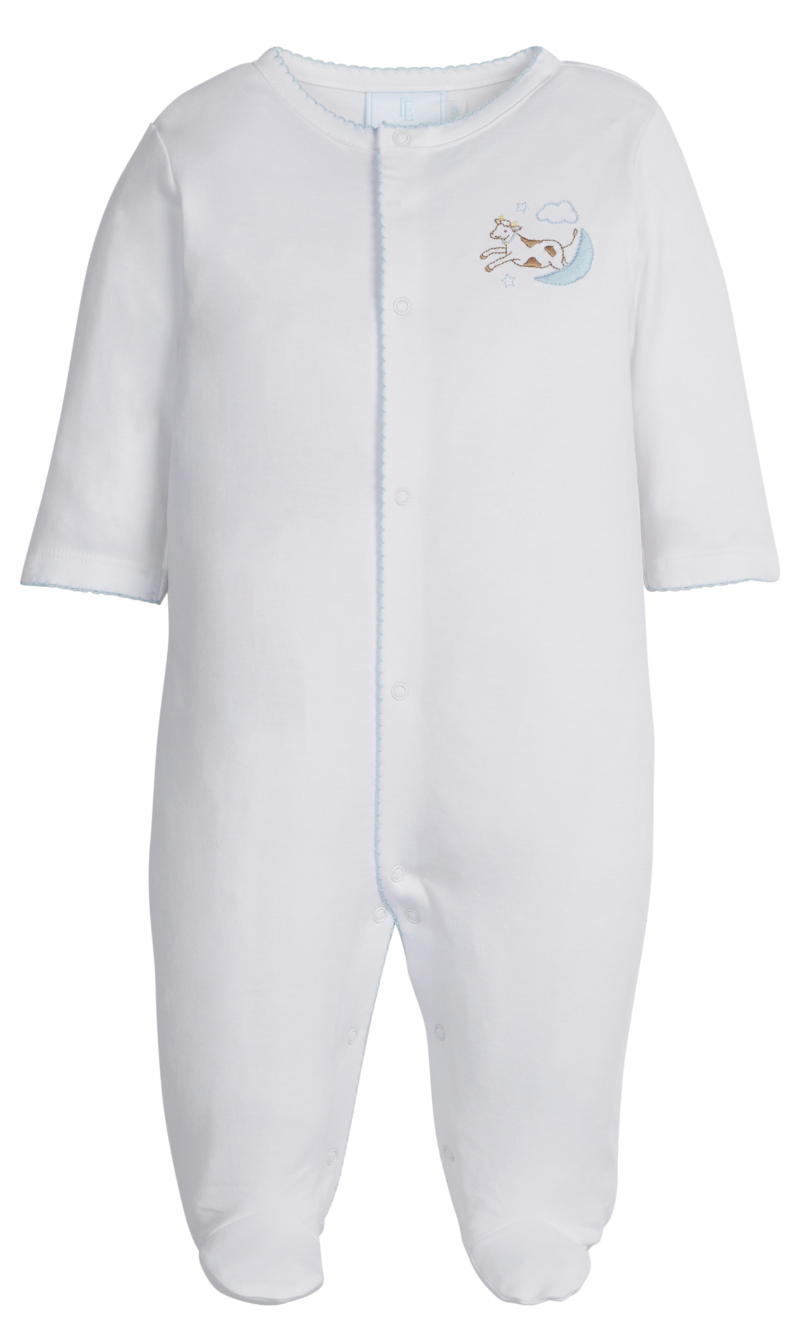 Little English Embroidered Zip Footie in Blue Cow Jumping Over the Moon