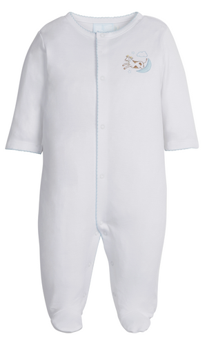 Little English Embroidered Zip Footie in Blue Cow Jumping Over the Moon