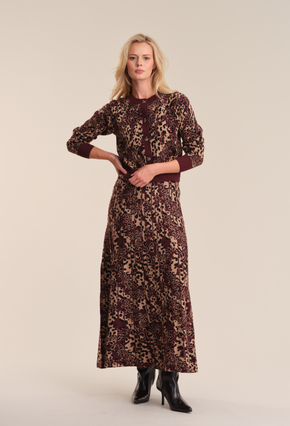 525 America Faith Pleated Leopard Skirt in Oxblood Multi
