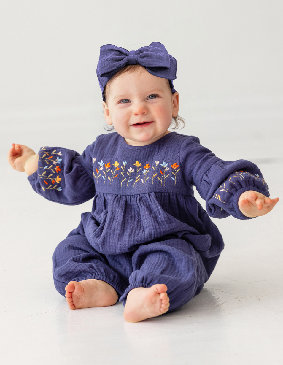 Mabel and Honey Clara Romper in Navy Flower Garden