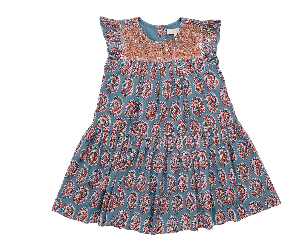 Pink Chicken Fiona Ruffle Dress in Blue Paisley