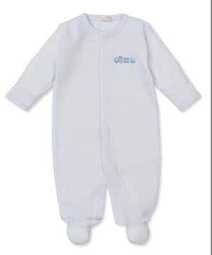 Kissy Kissy Snap Footie with Hand Stitched Embroidery in Railroad