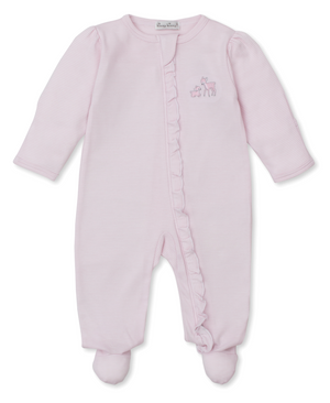 Kissy Kissy Ruffle Zip Footie in Pink Forest Fanfare