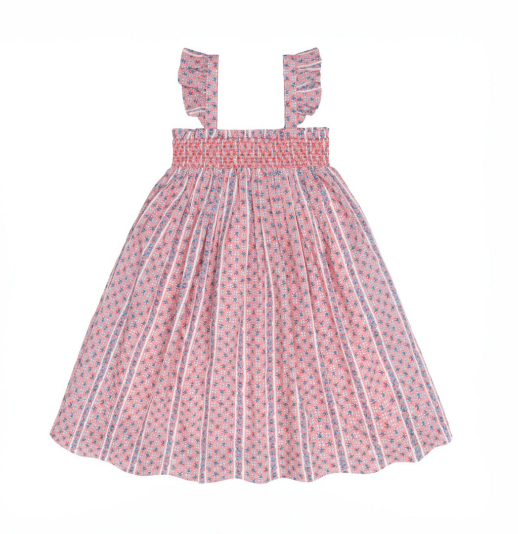 Minnow Floral Tile Smocked Dress With Flutter Sleeves