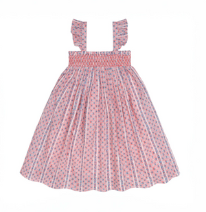 Minnow Floral Tile Smocked Dress With Flutter Sleeves