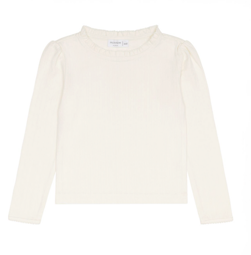 Minnow Pointelle Ruffle Long Sleeve Shirt In Cream