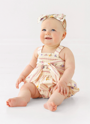 Mabel and Honey Front Tie Romper in Purple Bouquet