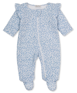 Kissy Kissy Jacquard Ruffle Shoulder Zip Footie in Blue Fall Blooms