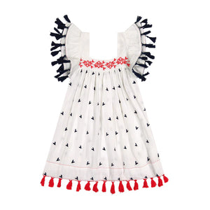 Mer St Barth Serena Tassel Dress in Red/White/Navy Embroidery